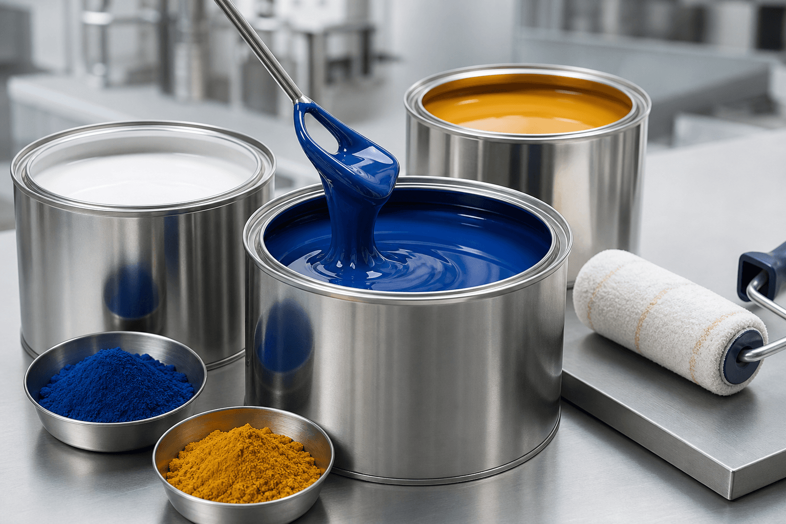 Industrial paint tins, pigment powders and coating preparation equipment
