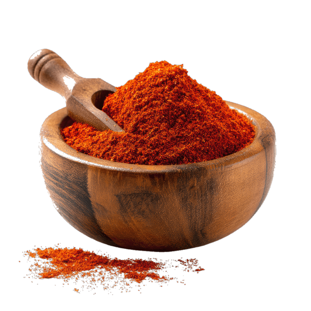 Wooden bowl of ground spice with scoop